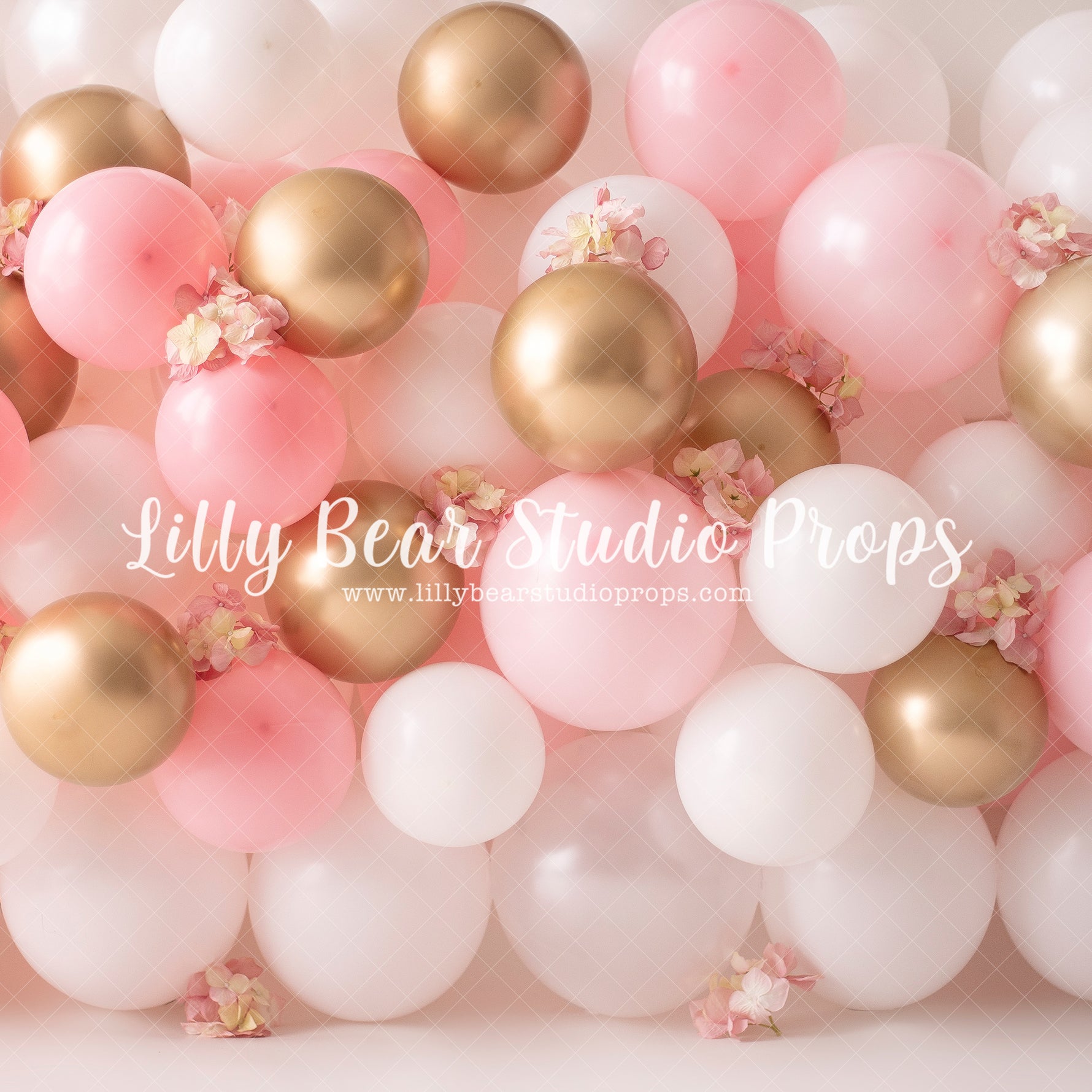 Pink, White & Gold Balloon Flower Wall - Lilly Bear Studio Props, balloon, balloon garland, blooming flowers, bright flowers, cake smash, colourful flowers, FABRICS, floral, girl, gold balloons, pink, pink and gold, pink and white, pink balloons, pink floral, pink flower, pink flowers, vintage, vintage floral, white balloons