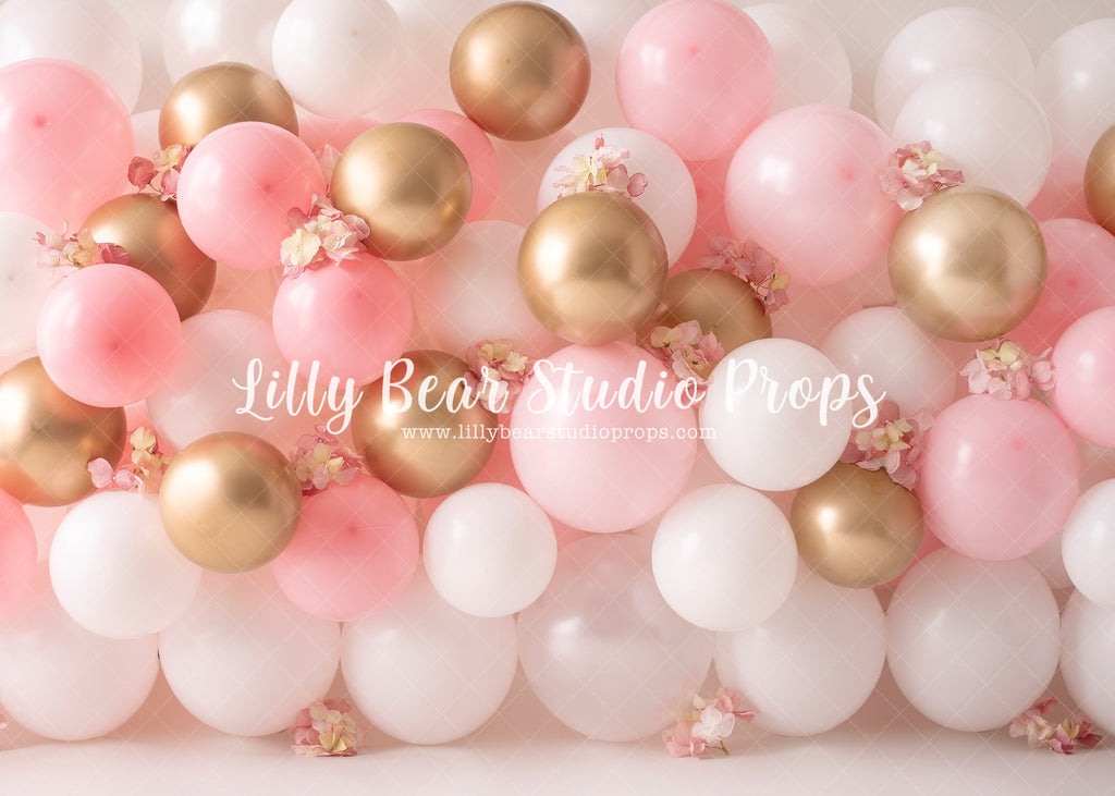 Pink, White & Gold Balloon Flower Wall - Lilly Bear Studio Props, balloon, balloon garland, blooming flowers, bright flowers, cake smash, colourful flowers, FABRICS, floral, girl, gold balloons, pink, pink and gold, pink and white, pink balloons, pink floral, pink flower, pink flowers, vintage, vintage floral, white balloons