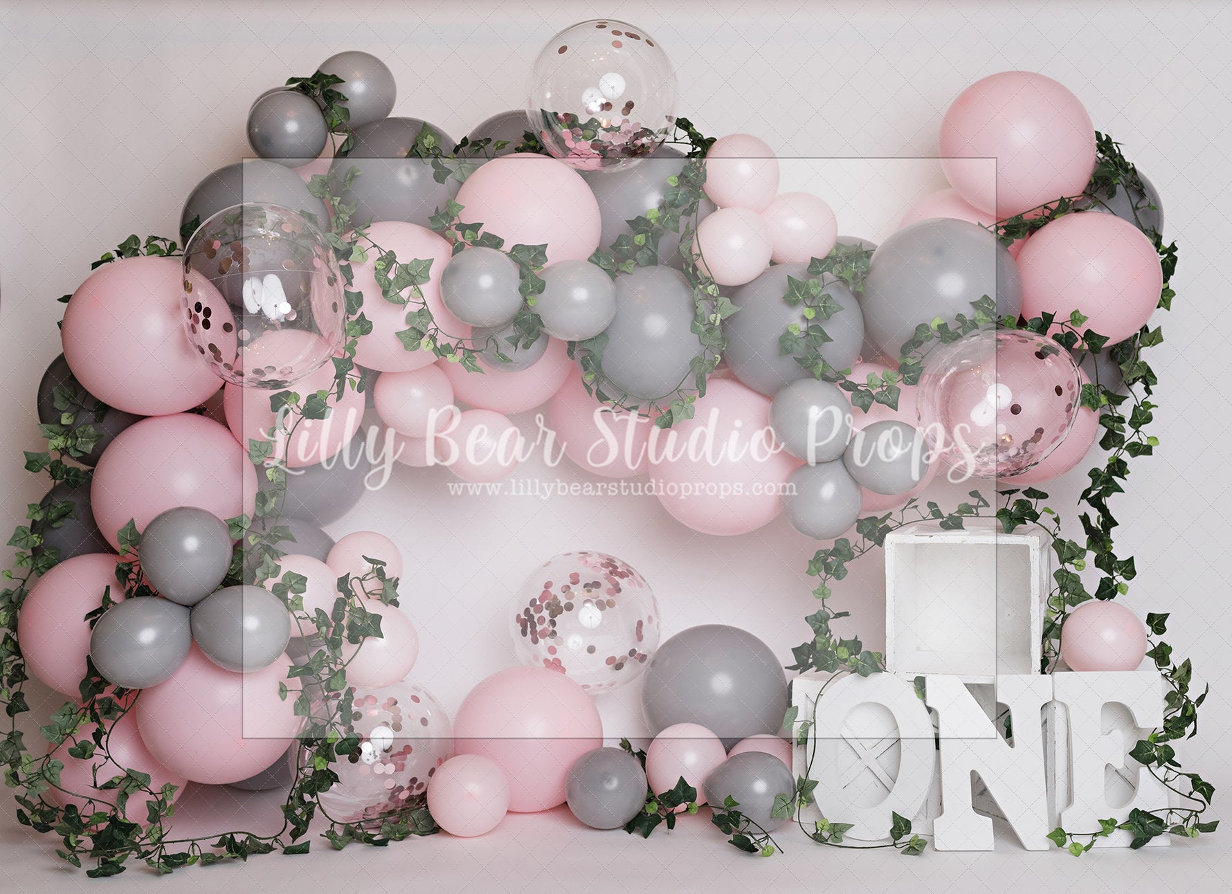 Pink & Grey Garden Vines by Angelica Knowland - Lilly Bear Studio Props, balloon garland, garden balloon garland, pink and grey, pink and grey balloons, pink and grey vines, pink balloon garland