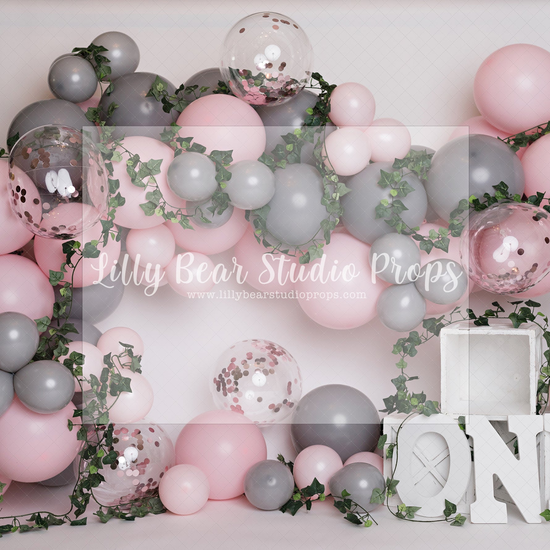 Pink & Grey Garden Vines by Angelica Knowland - Lilly Bear Studio Props, balloon garland, garden balloon garland, pink and grey, pink and grey balloons, pink and grey vines, pink balloon garland