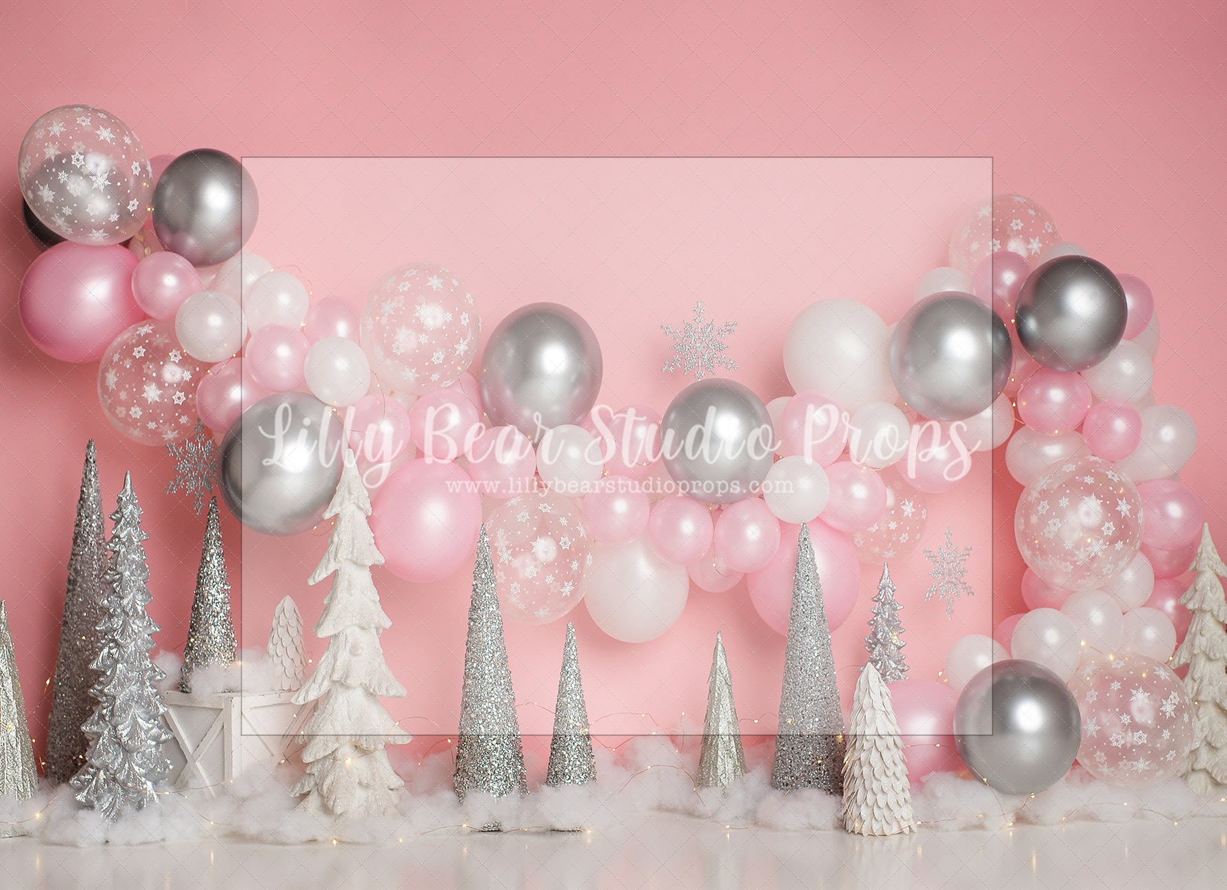 Pink & Silver Winter Frost by E Newton - Lilly Bear Studio Props, frozen, pink and silver balloons, pink silver, pink winter, pink winter trees, purple blue silver, snow, snow pine tree forest, snow princess, snow white, snoweflakes, snowflakes, snowy, winter, winter garland, winter one-derland, winter snow, winter-onderland
