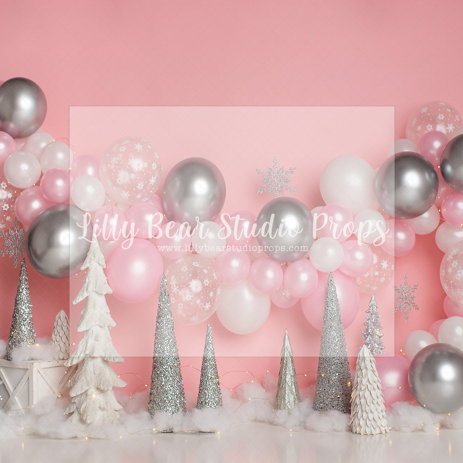 Pink & Silver Winter Frost by E Newton - Lilly Bear Studio Props, frozen, pink and silver balloons, pink silver, pink winter, pink winter trees, purple blue silver, snow, snow pine tree forest, snow princess, snow white, snoweflakes, snowflakes, snowy, winter, winter garland, winter one-derland, winter snow, winter-onderland