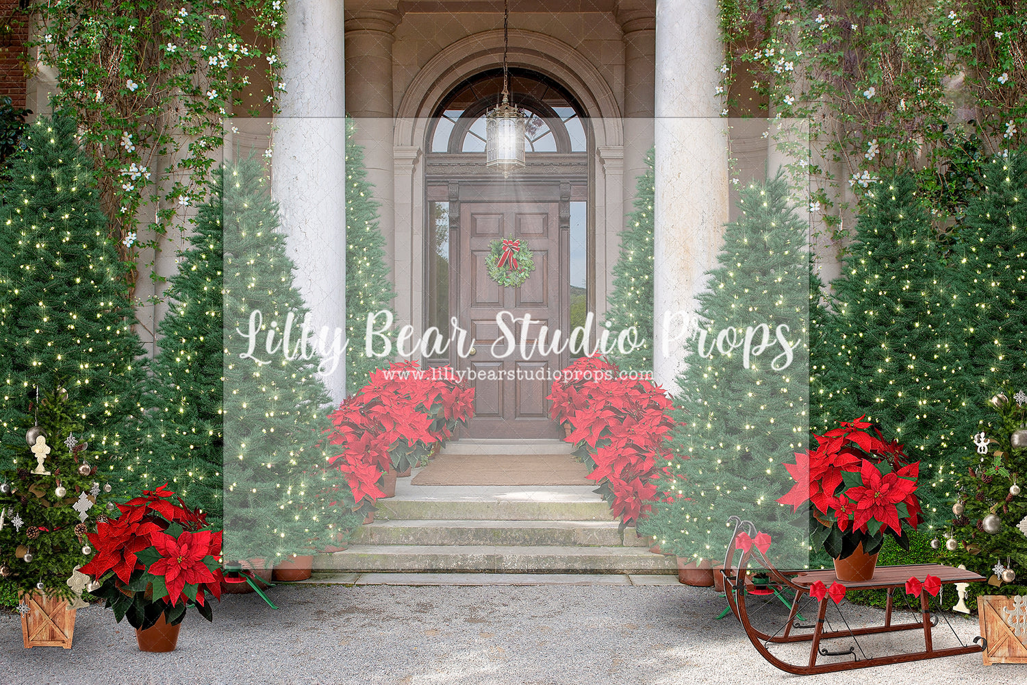Poinsettia Doorway - Lilly Bear Studio Props, christmas, Cozy, Decorated, Festive, Giving, Holiday, Holy, Hopeful, Joyful, Merry, Peaceful, Peacful, Red & Green, Seasonal, Winter, Xmas, Yuletide