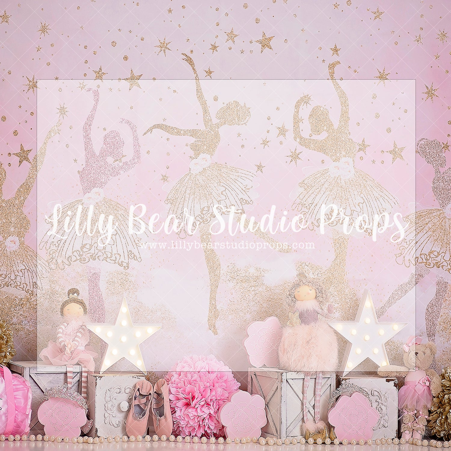 Point Position - Lilly Bear Studio Props, ballerina, ballerina princess, ballet, ballet princess, ballet shoes, ballet slipper, ballet slippers, ballet star, ballet stars, Fabric, gold, pink, point shoes, princess, stars, theatre, Wrinkle Free Fabric