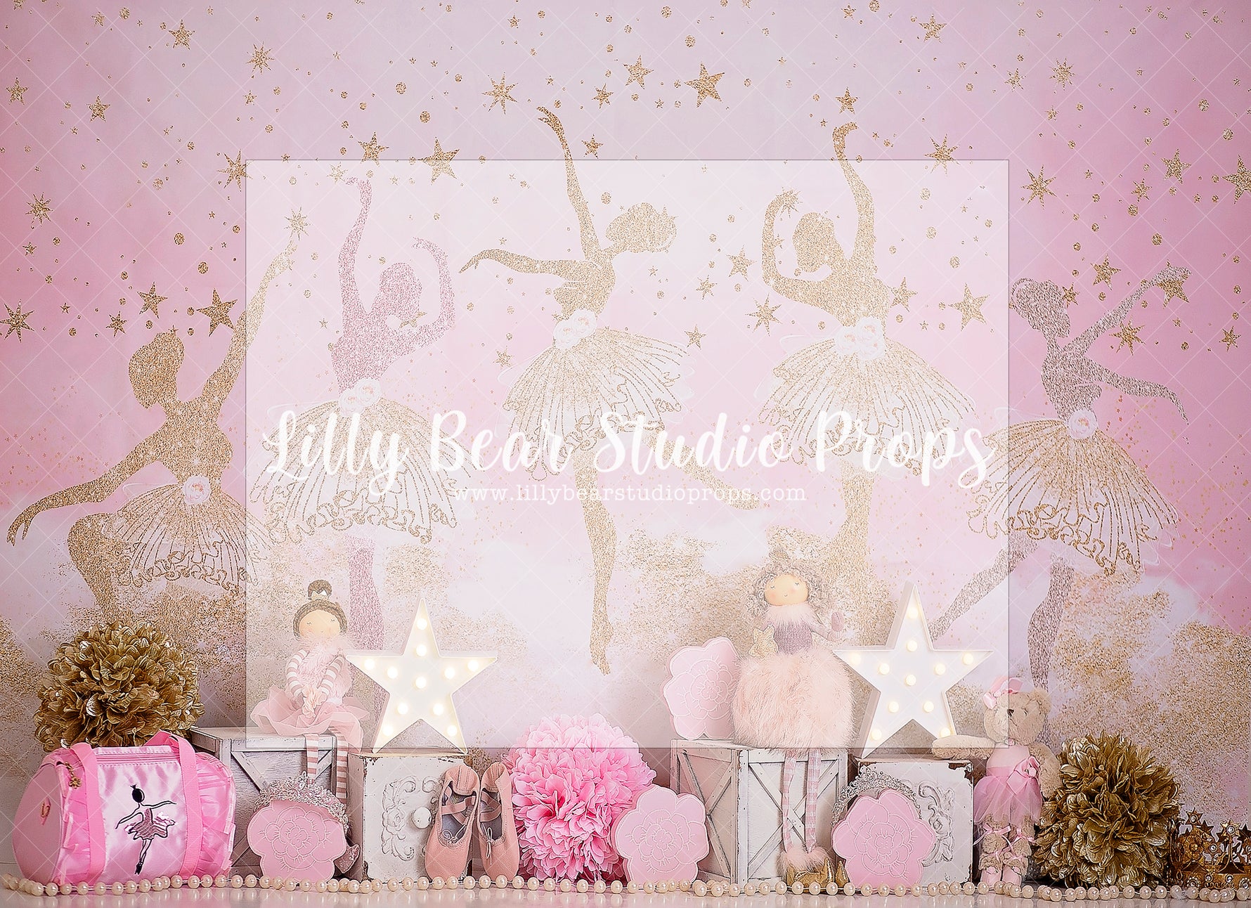 Point Position - Lilly Bear Studio Props, ballerina, ballerina princess, ballet, ballet princess, ballet shoes, ballet slipper, ballet slippers, ballet star, ballet stars, Fabric, gold, pink, point shoes, princess, stars, theatre, Wrinkle Free Fabric