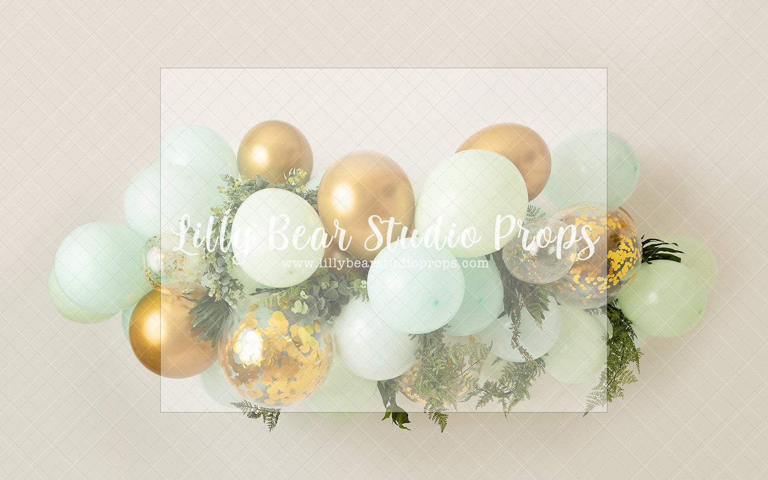 Polly Pop - Lilly Bear Studio Props, balloon greenery floral garland, birthday, boho greenery, gold, gold balloon garland, gold balloons, gold confetti, gold confetti balloons, green and gold balloons, green balloons, pastel green balloons