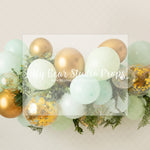 Polly Pop - Lilly Bear Studio Props, balloon greenery floral garland, birthday, boho greenery, gold, gold balloon garland, gold balloons, gold confetti, gold confetti balloons, green and gold balloons, green balloons, pastel green balloons