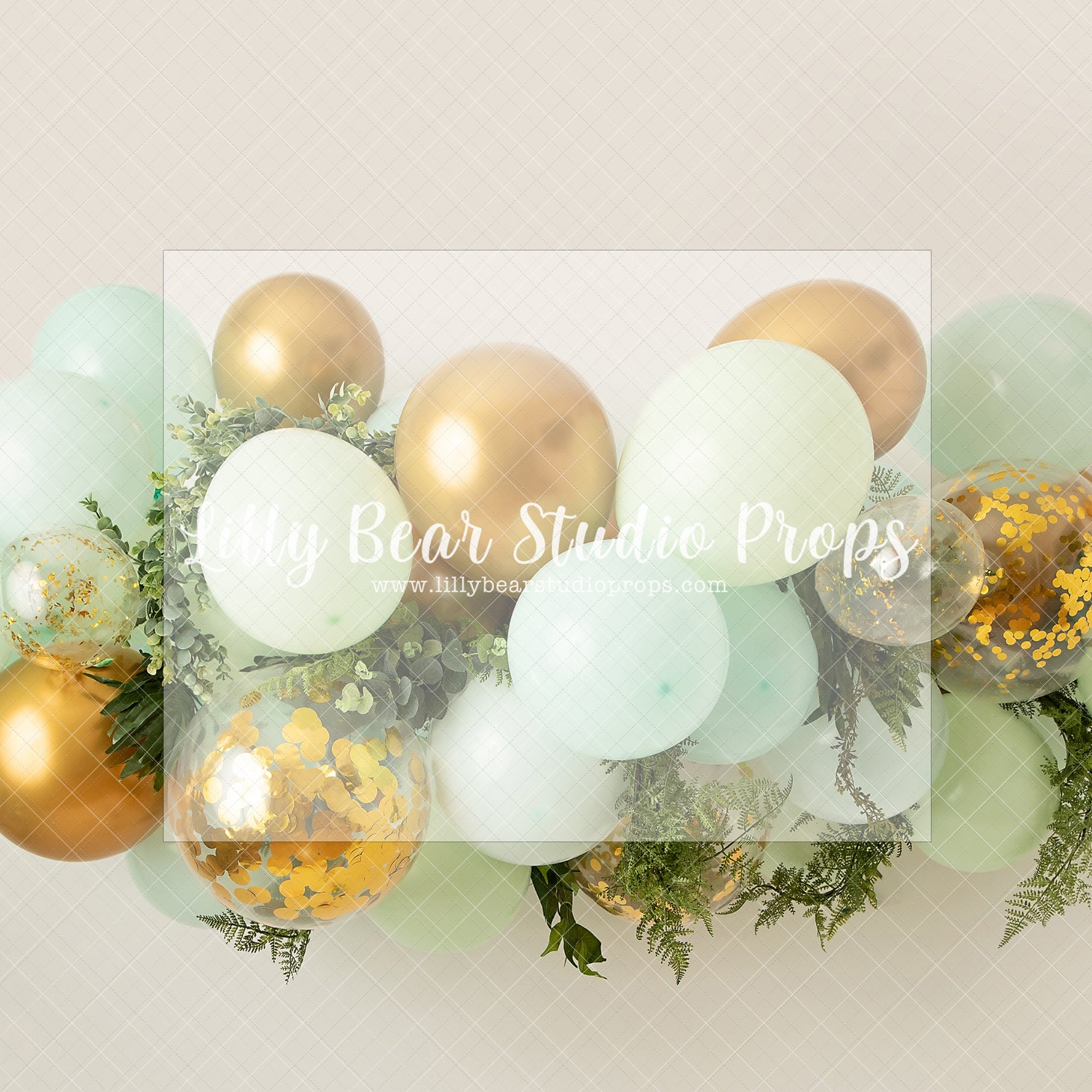 Polly Pop - Lilly Bear Studio Props, balloon greenery floral garland, birthday, boho greenery, gold, gold balloon garland, gold balloons, gold confetti, gold confetti balloons, green and gold balloons, green balloons, pastel green balloons