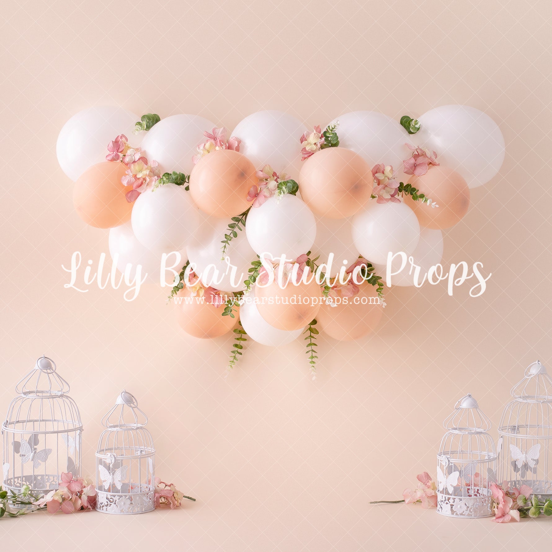 Polly's Pure Peach - Lilly Bear Studio Props, bird cage, bird cages, cake smash, floral pink, flowers, one little peach, one sweet peach, pastel, pastel balloon garland, pastel pink, peach, peach balloons, peach flower, peaches, pink and white balloons, pink floral, spring flowers, Sweet as a peach, white balloons