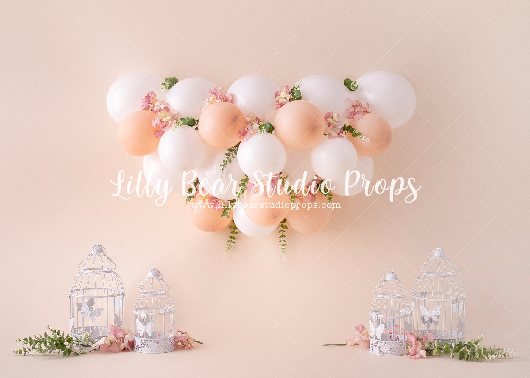 Polly's Pure Peach - Lilly Bear Studio Props, bird cage, bird cages, cake smash, floral pink, flowers, one little peach, one sweet peach, pastel, pastel balloon garland, pastel pink, peach, peach balloons, peach flower, peaches, pink and white balloons, pink floral, spring flowers, Sweet as a peach, white balloons
