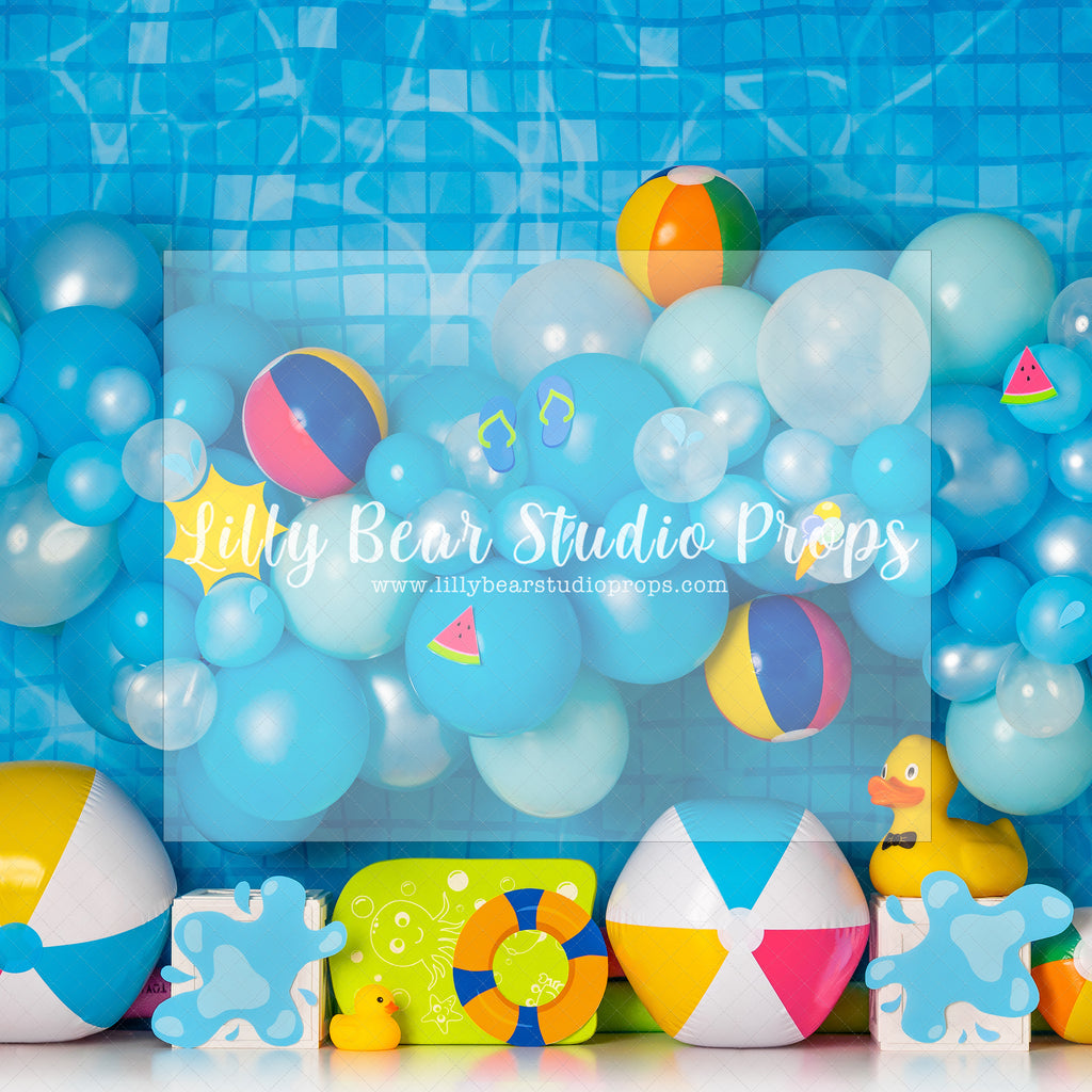 Pool Party Pink - Lilly Bear Studio Props, beach ball, beach water, beach water wave, beach waves, flip flop, glistening water, rubber duck, shimmer water, shiny water, surf board, water, water waves, waves