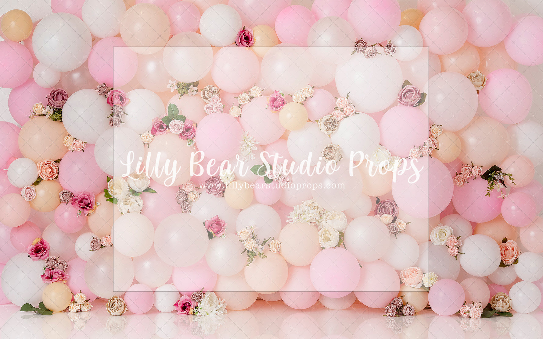 Amora - Lilly Bear Studio Props, balloon rainbow, balloon wall, balloon wall with floral, daisies, floral balloon wall, glitter rainbow, gold rainbow, palm leaves, pastel rainbow, pink balloon garland, pink balloons, pink rainbow, strawberry seeds, white daisies