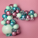 Poppy's Pink Mint - Lilly Bear Studio Props, balloon, balloon garland, balloon wall, balloons and flowers, blooming flowers, blue, blue balloon garland, blue balloons, blue flowers, bright flowers, cake smash, colourful flowers, floral, floral arch, mauve, mauve balloons, metallic, metallic balloon, metallic balloons, metallic green, metallic turqouise, mint, mint balloons, pastel green, pastel green balloons, pink, pink and blue, teal, turquoise, turquoise balloons