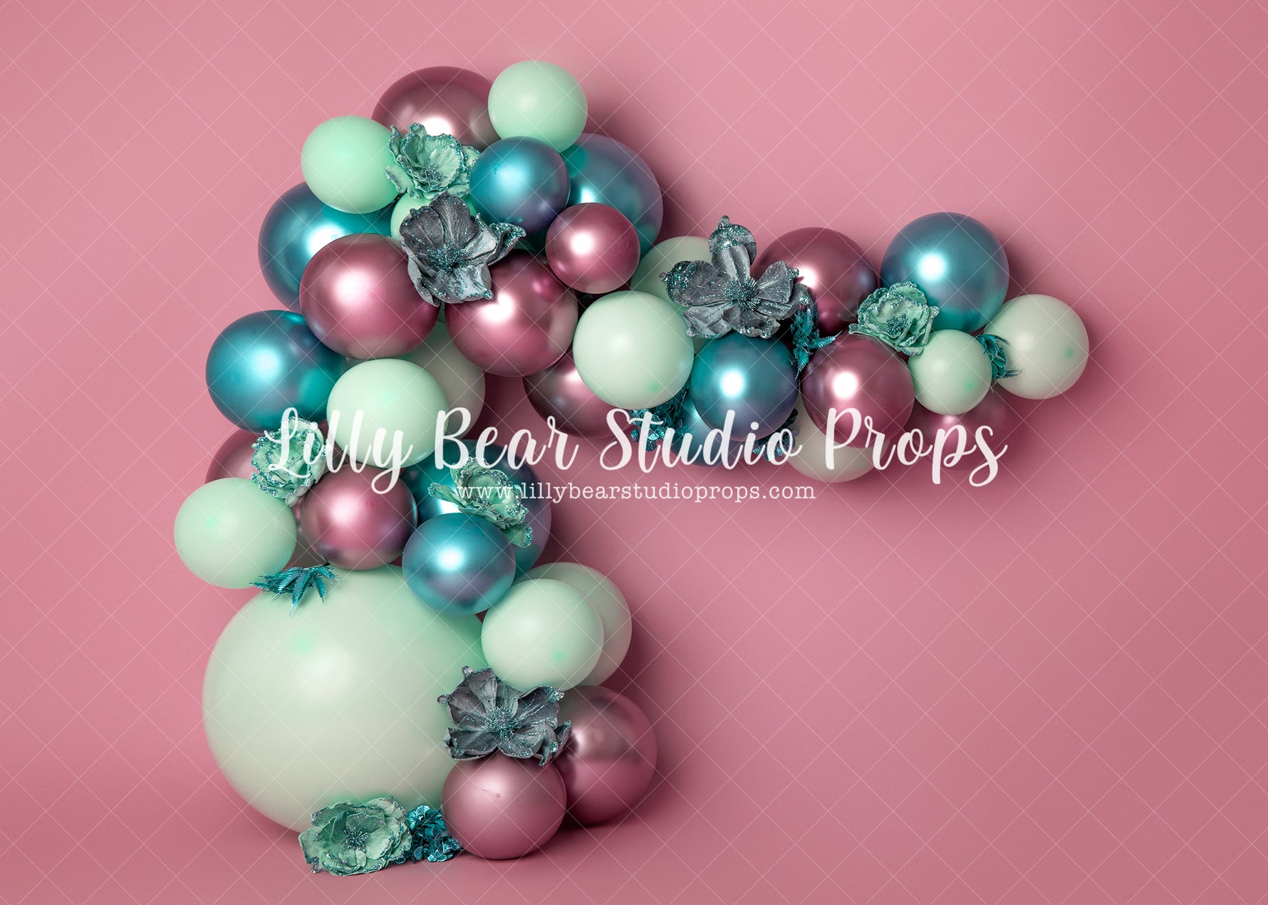 Poppy's Pink Mint - Lilly Bear Studio Props, balloon, balloon garland, balloon wall, balloons and flowers, blooming flowers, blue, blue balloon garland, blue balloons, blue flowers, bright flowers, cake smash, colourful flowers, floral, floral arch, mauve, mauve balloons, metallic, metallic balloon, metallic balloons, metallic green, metallic turqouise, mint, mint balloons, pastel green, pastel green balloons, pink, pink and blue, teal, turquoise, turquoise balloons
