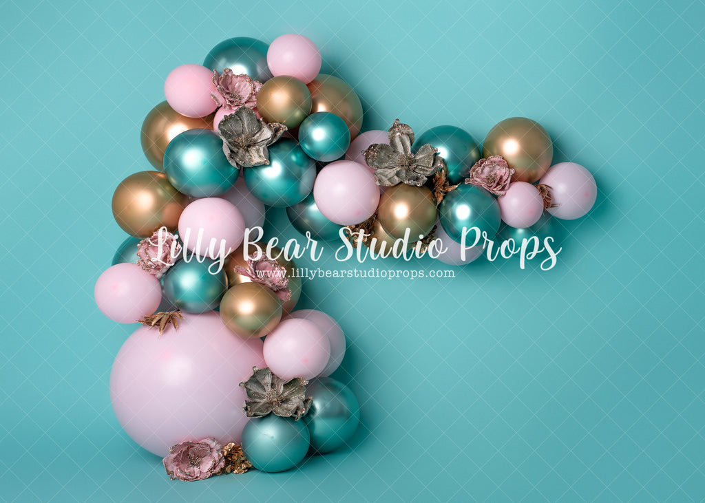 Poppy's Pink Teal - Lilly Bear Studio Props, balloon, balloon garland, balloon wall, blue, blue balloon garland, blue balloons, cake smash, colourful flowers, floral, floral arch, gold and pink, gold and teal, gold balloons, pink, pink and blue, pink gold and teal, teal