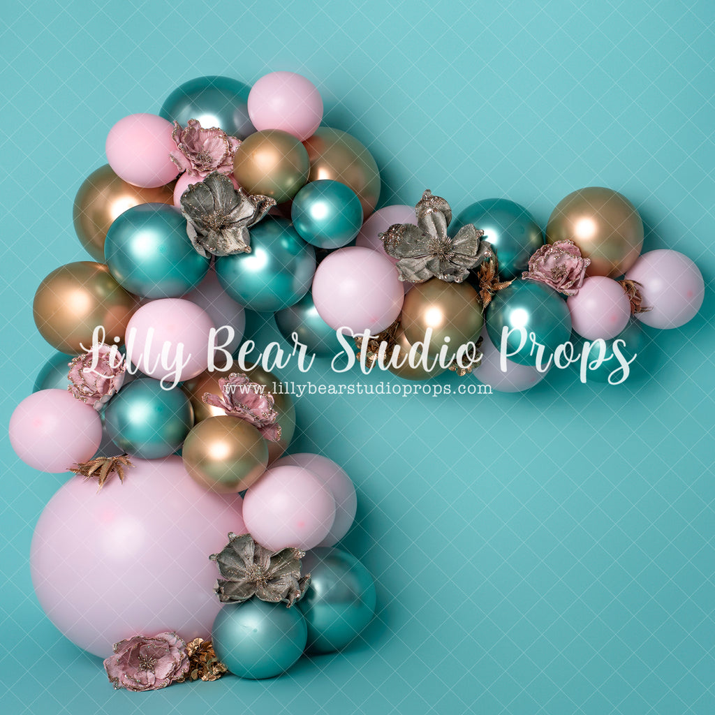 Poppy's Pink Teal - Lilly Bear Studio Props, balloon, balloon garland, balloon wall, blue, blue balloon garland, blue balloons, cake smash, colourful flowers, floral, floral arch, gold and pink, gold and teal, gold balloons, pink, pink and blue, pink gold and teal, teal