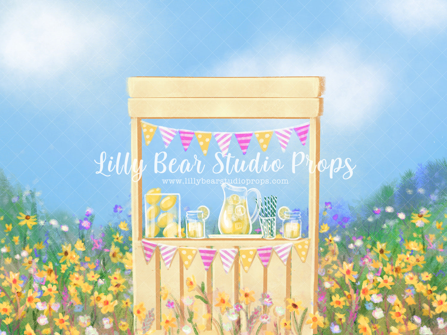Prairies Pink and Yellow - Lilly Bear Studio Props, blue sky, field of flowers, lemon, lemon garden, lemon juice, lemonade stand, lemons, pink lemonade, prairie, yellow flowers, yellow lemonade