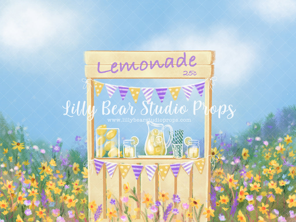 Prairies Purple Lemonade - Lilly Bear Studio Props, blue sky, field of flowers, lemon, lemon garden, lemon juice, lemonade stand, lemons, pink lemonade, prairie, purple flowers, purple lemonade, yellow flowers, yellow lemonade
