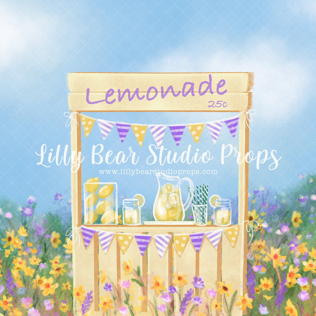 Prairies Purple Lemonade - Lilly Bear Studio Props, blue sky, field of flowers, lemon, lemon garden, lemon juice, lemonade stand, lemons, pink lemonade, prairie, purple flowers, purple lemonade, yellow flowers, yellow lemonade
