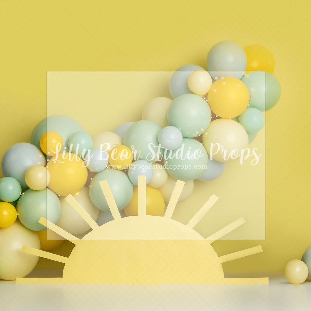 Here Comes the Sun - Lilly Bear Studio Props, boho, fun in the sun, green and yellow, let the sun shine in, my sunshine, one, pastel yellow, spring sun, sun, sun rays, sunny, sunny day, sunshine, yellow, yellow balloons, you are my sunshine