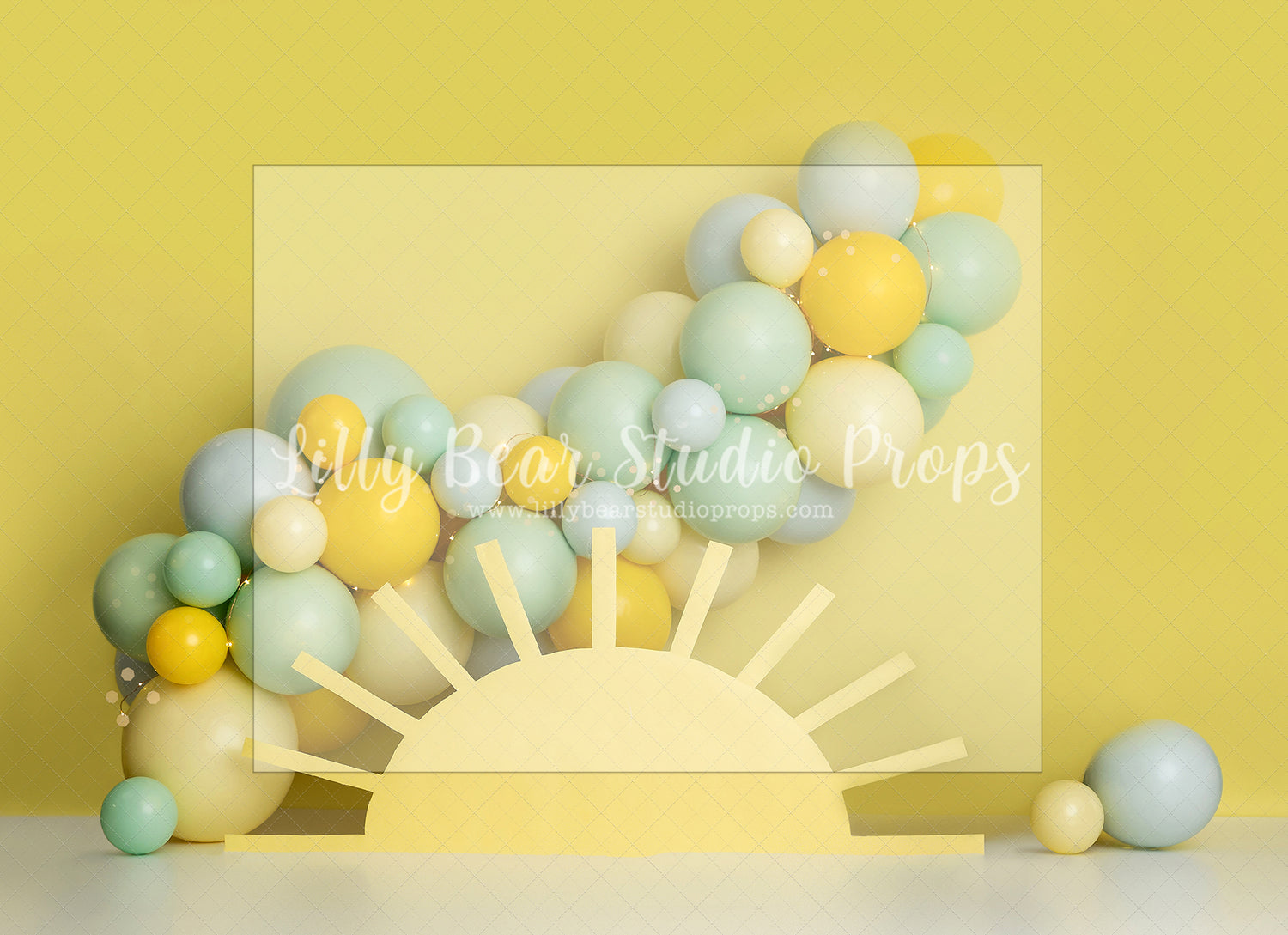 Here Comes the Sun - Lilly Bear Studio Props, boho, fun in the sun, green and yellow, let the sun shine in, my sunshine, one, pastel yellow, spring sun, sun, sun rays, sunny, sunny day, sunshine, yellow, yellow balloons, you are my sunshine