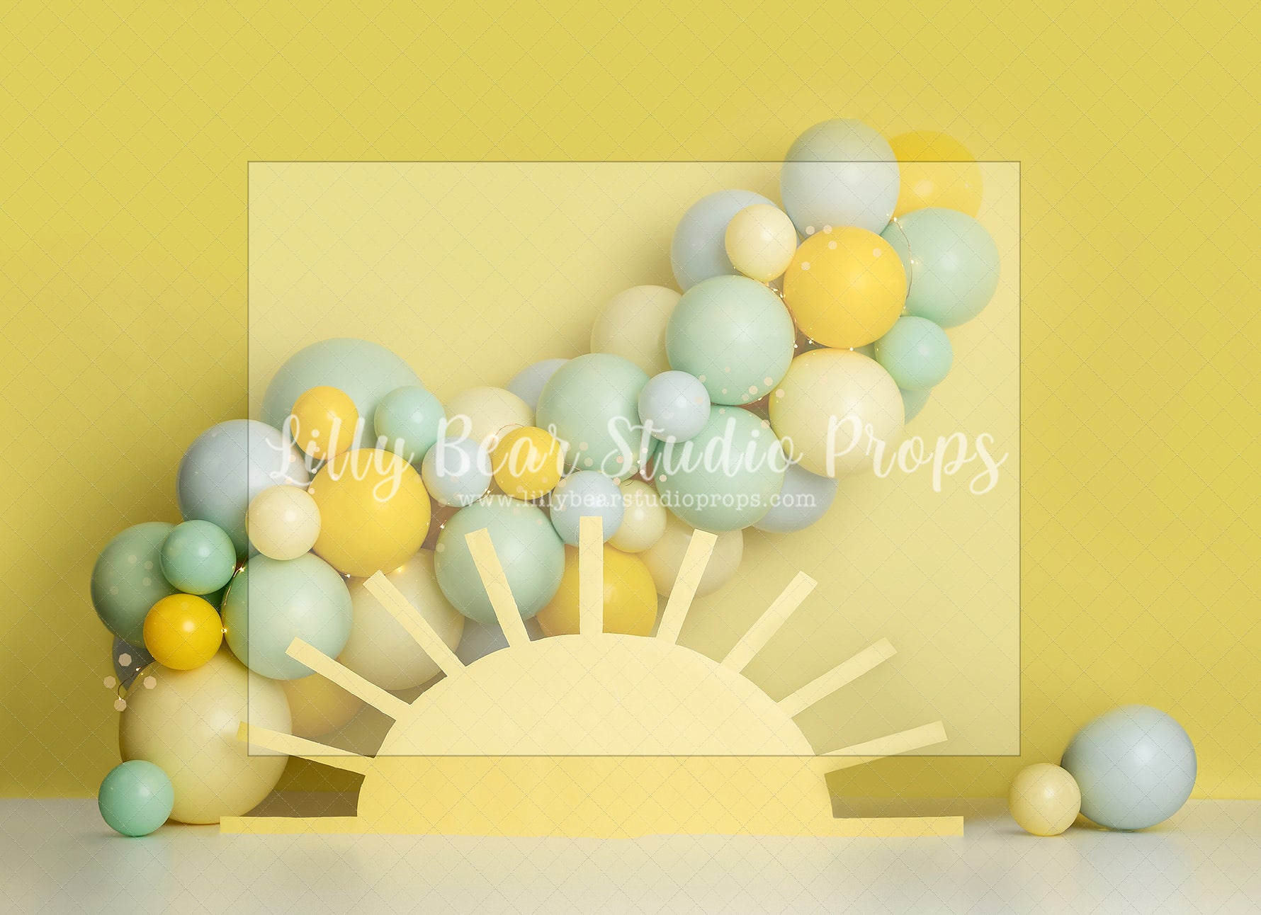 Here Comes the Sun - Lilly Bear Studio Props, boho, fun in the sun, green and yellow, let the sun shine in, my sunshine, one, pastel yellow, spring sun, sun, sun rays, sunny, sunny day, sunshine, yellow, yellow balloons, you are my sunshine