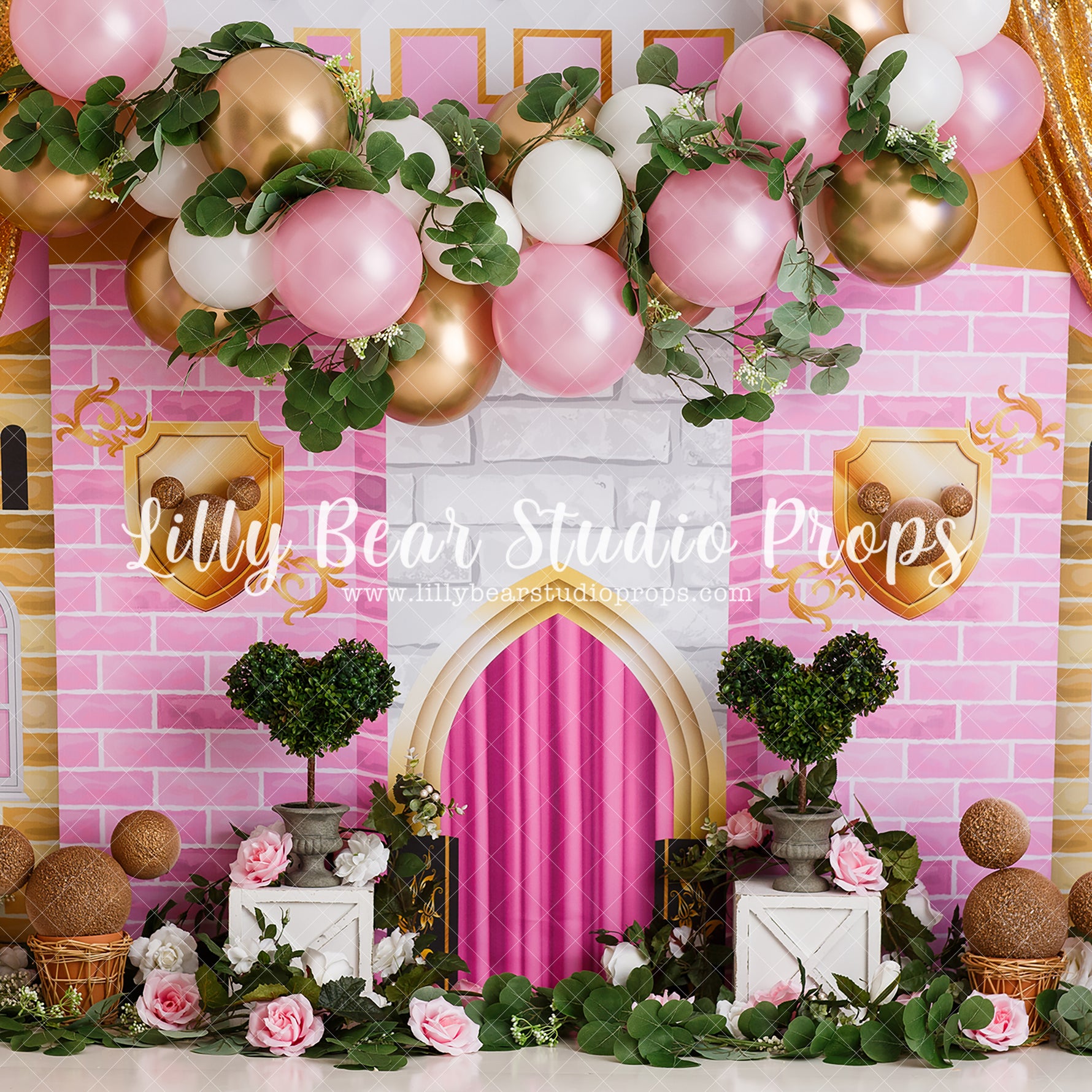 Princess Minnie's Garden - Lilly Bear Studio Props, balloon, balloon garland, castle, FABRICS, girl, minnie, minnie mouse, minnie mouse balloon garland, minnie mouse bow, minnie topiary, minnie's bowtique, pink, princess, topiary, topiary garden