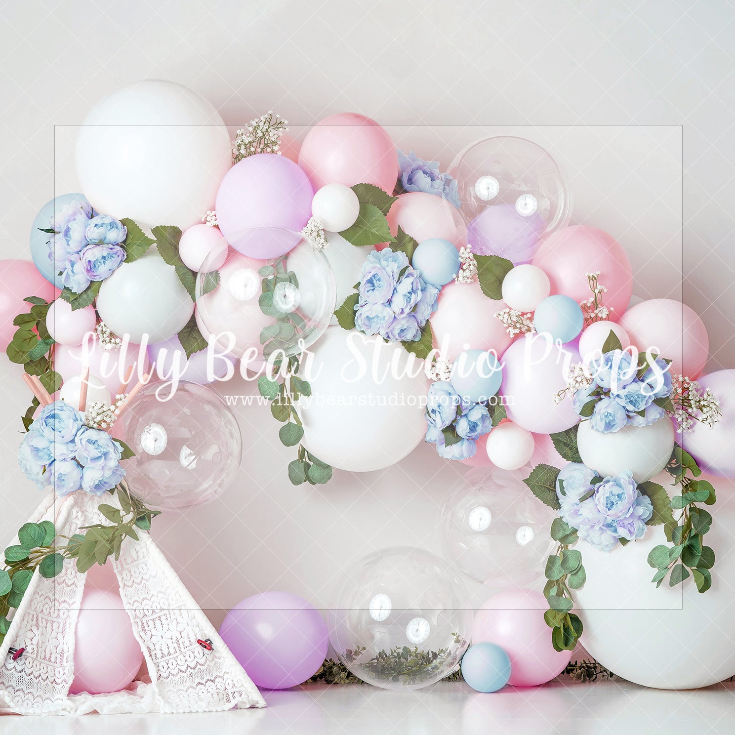 Princess Peony - Lilly Bear Studio Props, boho balloons, boho teepee, fabric, fine art, floral, floral balloon garland, floral balloons, girls, hand painted, peony balloons, pink and blue, pink and white balloon garland, pink floral, poly, teepee, vinyl