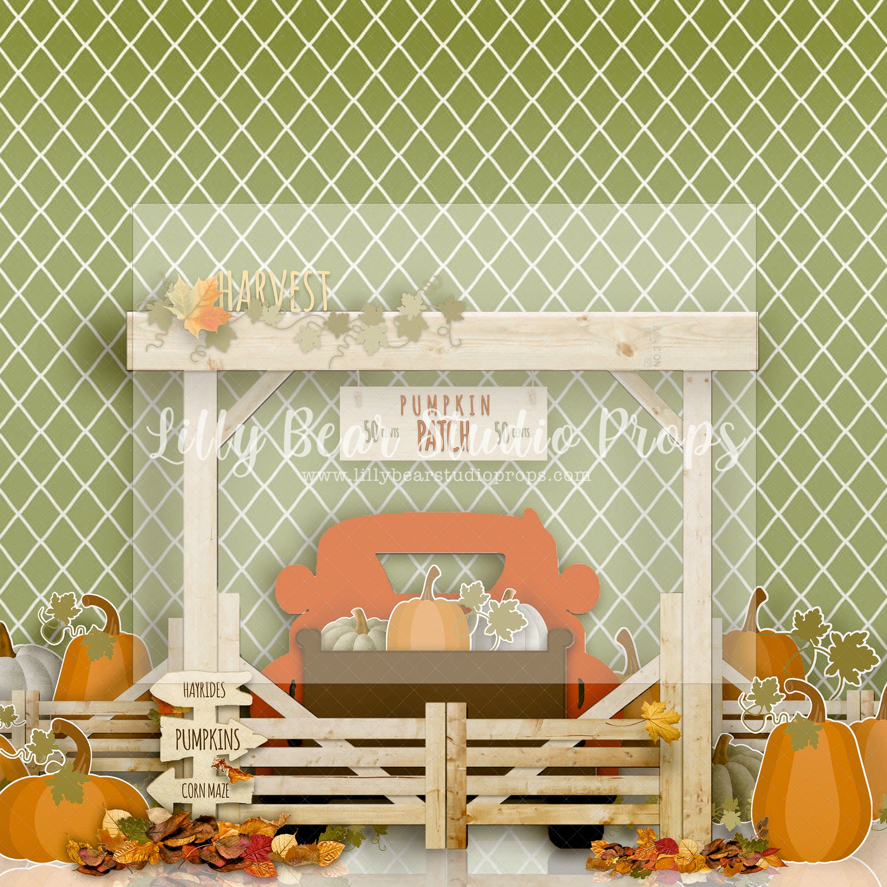 Pumpkin Harvest Green - Lilly Bear Studio Props, autumn, autumn colors, autumn forest, autumn fox, autumn leaves, Fabric, FABRICS, fall forest, farm pickup, forest, pickup, pickup truck, pumpkin farm, red pickup