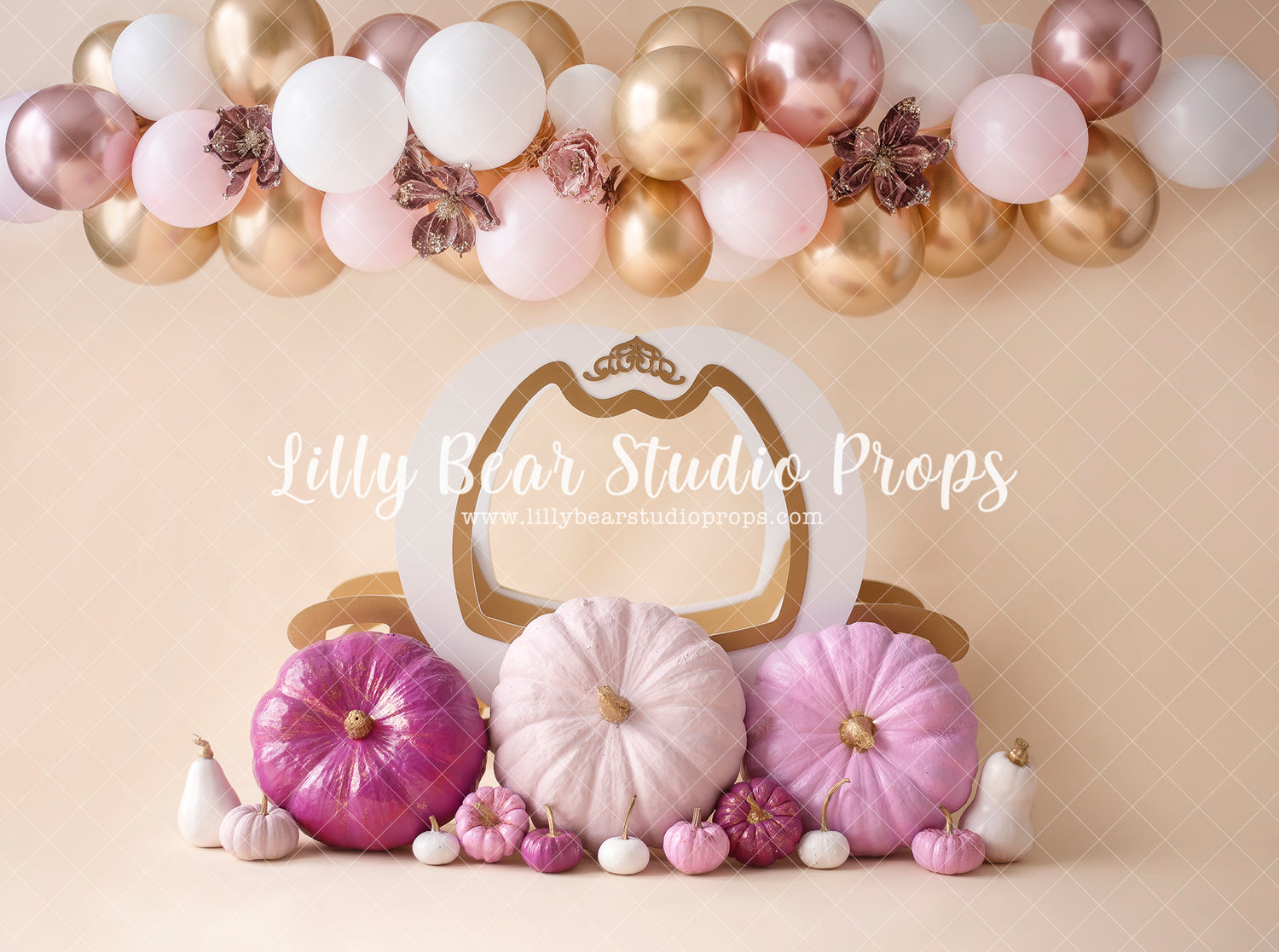 Pumpkins balloon garland - Lilly Bear Studio Props, balloon flowers, balloon wall, balloons and flowers, blooming flowers, cake smash, cinderella, cinderella carriage, floral pink, flower garden, flowers, fuchsia, gold balloons, pastel, pink and gold balloons, pink and white, pink and white balloons, pink balloons, pink floral, pink flower, pink flowers, pink white and gold, princess carriage, pumpkin carriage, shades of purple, spring flowers, white balloons