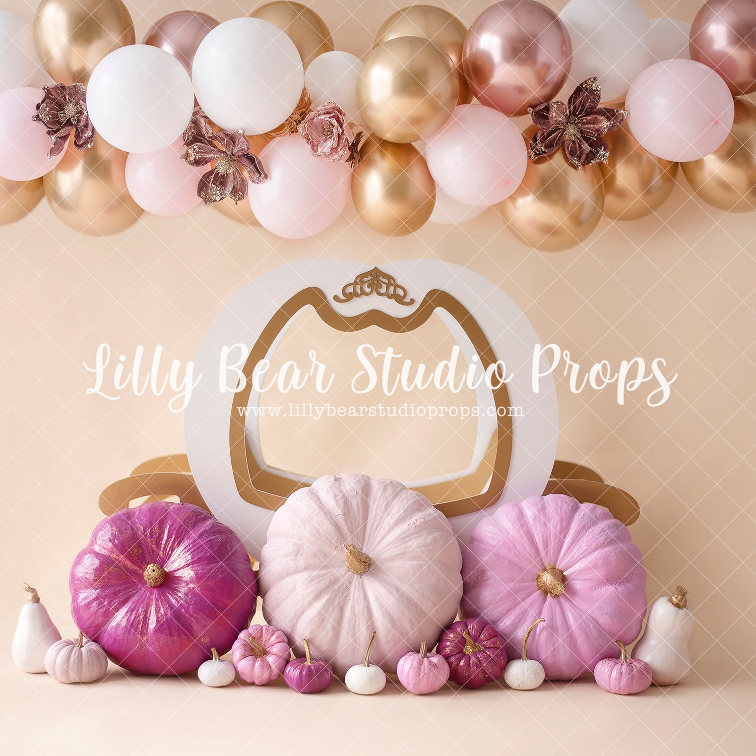 Pumpkins balloon garland - Lilly Bear Studio Props, balloon flowers, balloon wall, balloons and flowers, blooming flowers, cake smash, cinderella, cinderella carriage, floral pink, flower garden, flowers, fuchsia, gold balloons, pastel, pink and gold balloons, pink and white, pink and white balloons, pink balloons, pink floral, pink flower, pink flowers, pink white and gold, princess carriage, pumpkin carriage, shades of purple, spring flowers, white balloons