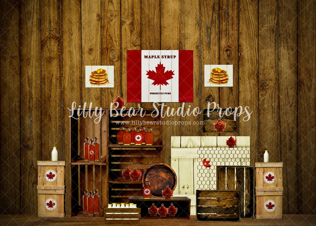 Pure Canadian Maple Syrup - Lilly Bear Studio Props, adventure, adventure awaits, adventure one, cabin, canada flag, Fabric, FABRICS, flapper jacks, forest friends, log cabin, lumber jack, map, maple leaf, maple leafs, maple syrup, pancakes, perfectly pure, wood, wood boxes, wood crate