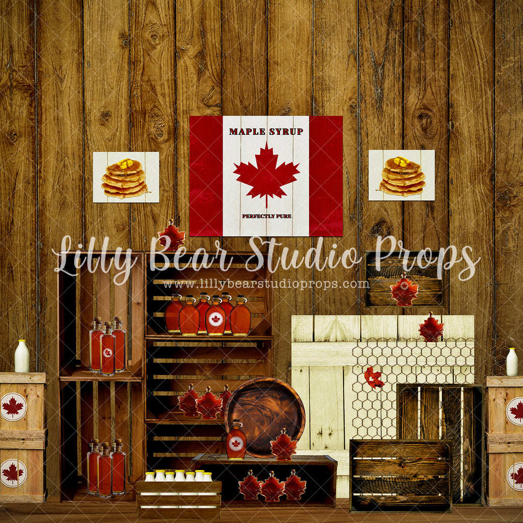 Pure Canadian Maple Syrup - Lilly Bear Studio Props, adventure, adventure awaits, adventure one, cabin, canada flag, Fabric, FABRICS, flapper jacks, forest friends, log cabin, lumber jack, map, maple leaf, maple leafs, maple syrup, pancakes, perfectly pure, wood, wood boxes, wood crate