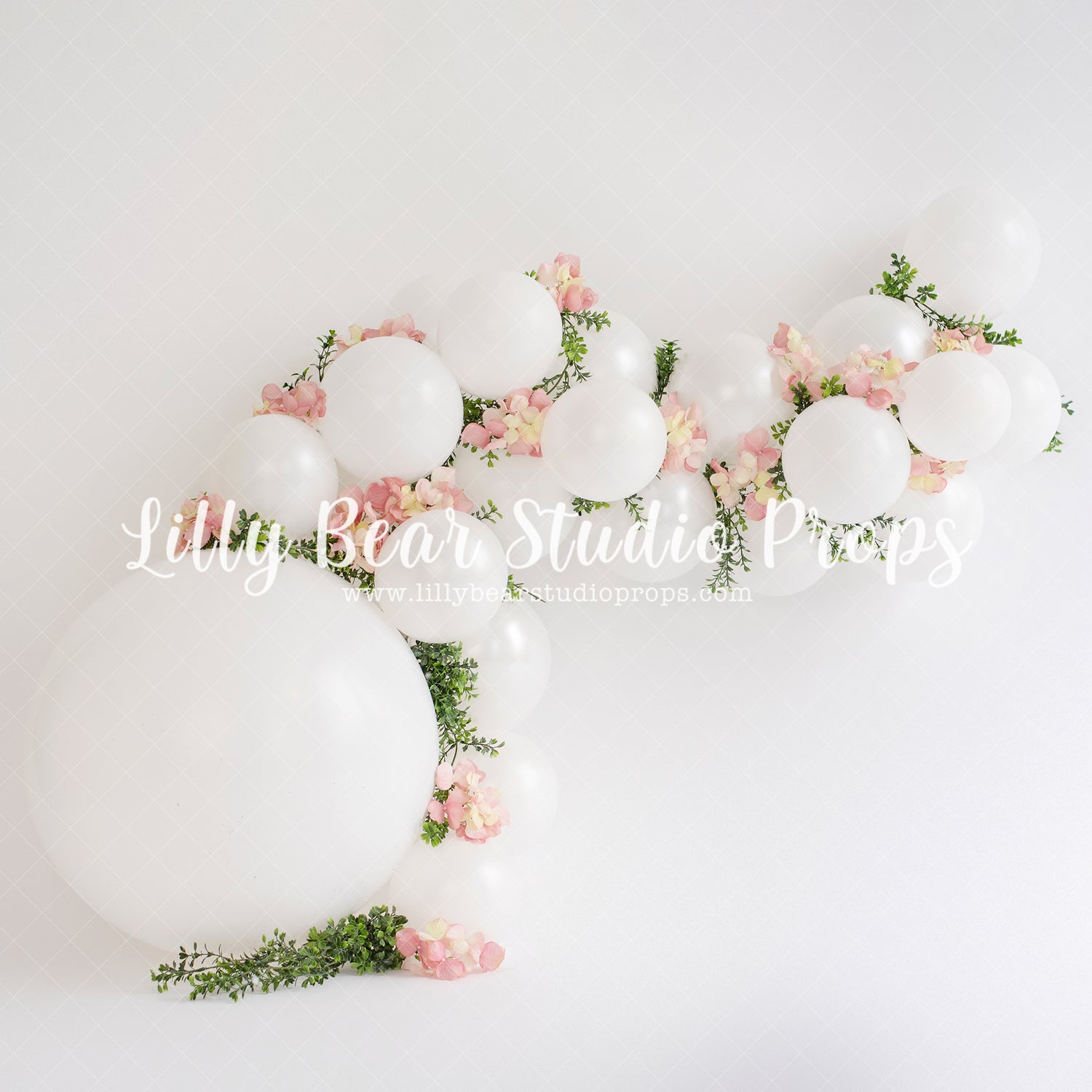 Pure Floral Arch - Lilly Bear Studio Props, balloon arch, boho greenery, cake smash, floral pink, flowers, greenery, pastel, pink floral, pink flower, pink flowers, spring flowers, white balloon arch, white balloons