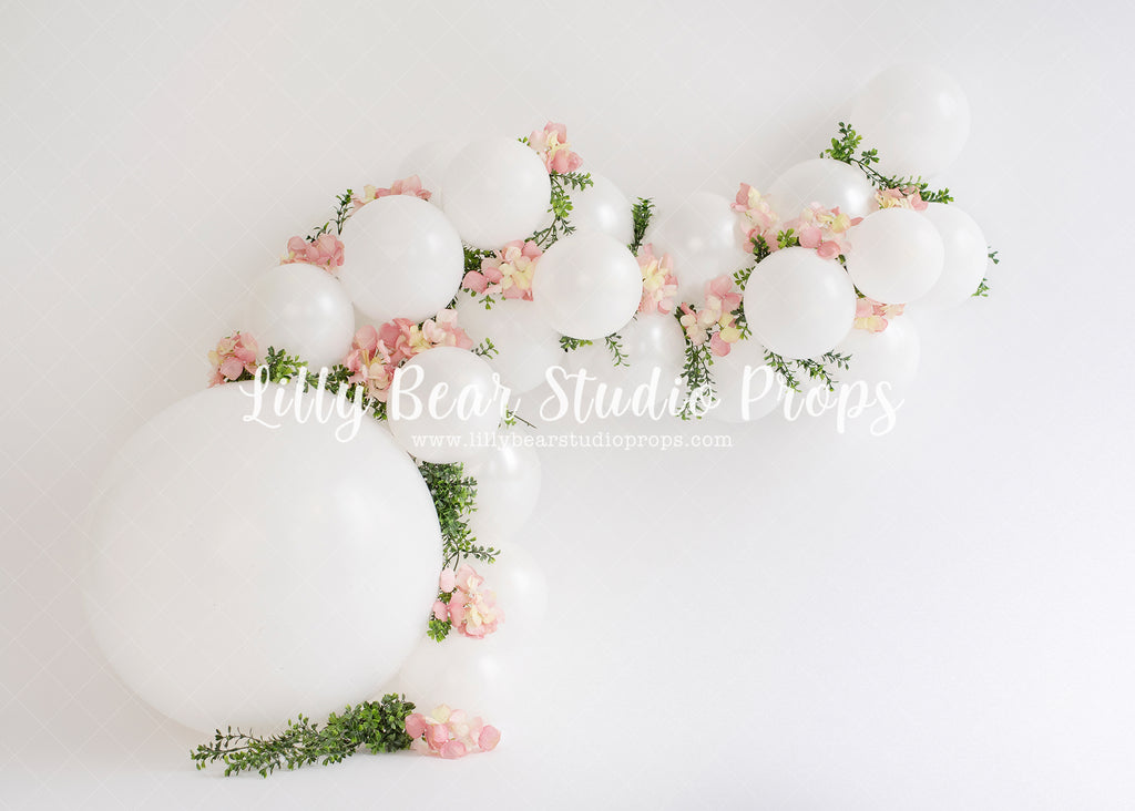 Pure Floral Arch - Lilly Bear Studio Props, balloon arch, boho greenery, cake smash, floral pink, flowers, greenery, pastel, pink floral, pink flower, pink flowers, spring flowers, white balloon arch, white balloons