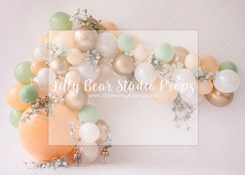 Pure Green & Peach - Lilly Bear Studio Props, balloon arch, boho greenery, cake smash, floral, floral pink, flowers, green balloons, greenery, orange bal, orange balloons, pastel, pink floral, pink flower, pink flowers, spring flowers, white balloon arch, white balloons