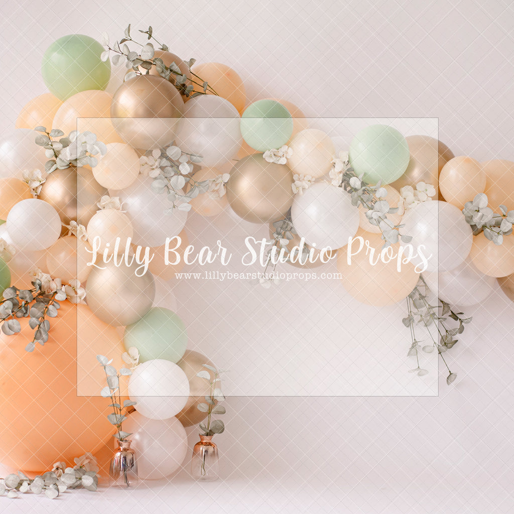 Pure Green & Peach - Lilly Bear Studio Props, balloon arch, boho greenery, cake smash, floral, floral pink, flowers, green balloons, greenery, orange bal, orange balloons, pastel, pink floral, pink flower, pink flowers, spring flowers, white balloon arch, white balloons