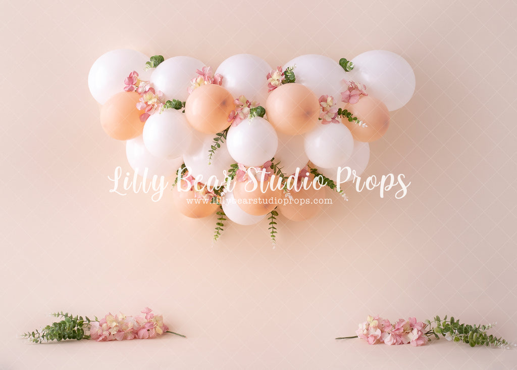 Pure Peach Bouquet - Lilly Bear Studio Props, cake smash, floral pink, flowers, greenery, one little peach, one sweet peach, pastel, pastel balloon garland, pastel pink, peach, peach balloons, peach flower, peaches, pink and white balloons, pink balloons, spring flowers, Sweet as a peach, white balloons