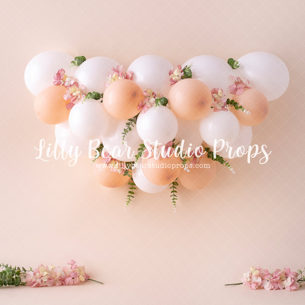 Pure Peach Bouquet - Lilly Bear Studio Props, cake smash, floral pink, flowers, greenery, one little peach, one sweet peach, pastel, pastel balloon garland, pastel pink, peach, peach balloons, peach flower, peaches, pink and white balloons, pink balloons, spring flowers, Sweet as a peach, white balloons