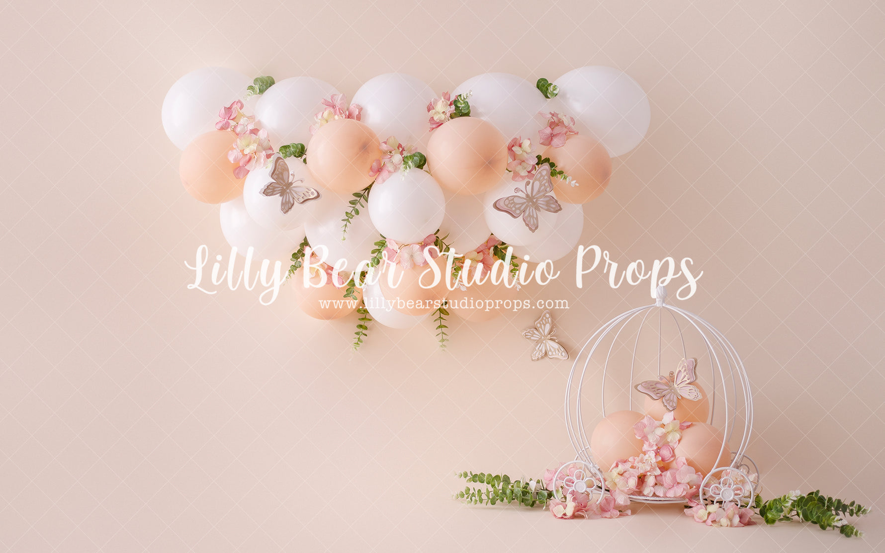 Pure Peach Carriage & Butterflies - Lilly Bear Studio Props, butterflies, butterfly, butterfly arch, butterfly balloons, butterfly colours, butterfly flowers, butterflyland, cake smash, floral pink, flowers, one little peach, one sweet peach, pastel, pastel balloon garland, pastel pink, peach, peach balloons, peach flower, peaches, pink and white balloons, pink floral, princess carriage, spring flowers, Sweet as a peach, white balloons