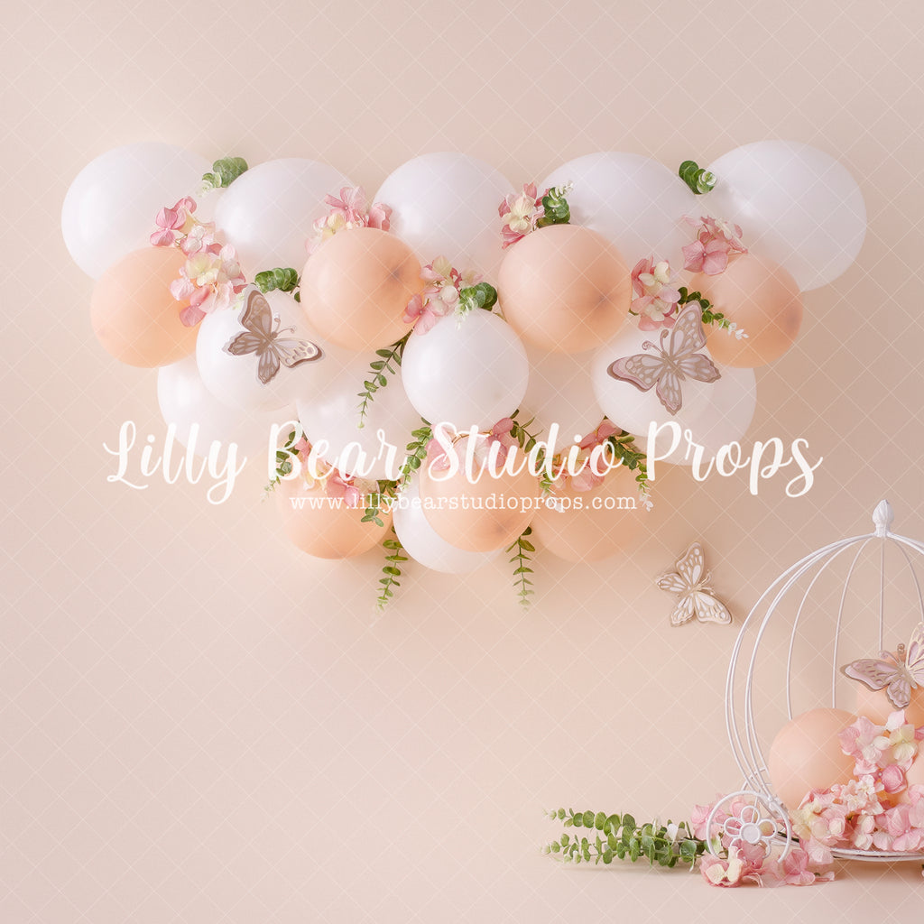 Pure Peach Carriage & Butterflies - Lilly Bear Studio Props, butterflies, butterfly, butterfly arch, butterfly balloons, butterfly colours, butterfly flowers, butterflyland, cake smash, floral pink, flowers, one little peach, one sweet peach, pastel, pastel balloon garland, pastel pink, peach, peach balloons, peach flower, peaches, pink and white balloons, pink floral, princess carriage, spring flowers, Sweet as a peach, white balloons