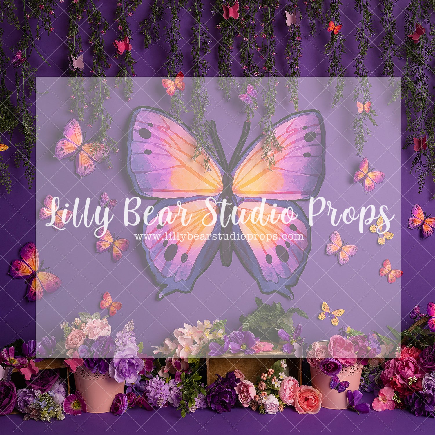 Purple Butterfly Conservatory - Lilly Bear Studio Props, bloom, blue butterflies, butterflies, butterfly, butterfly colours, butterfly flowers, butterfly garden, butterfly pink, butterflyland, floral, flower, flowers, flowers vines, green, large flowers, pink butterfly, spring, spring floral, spring flowers, springtime