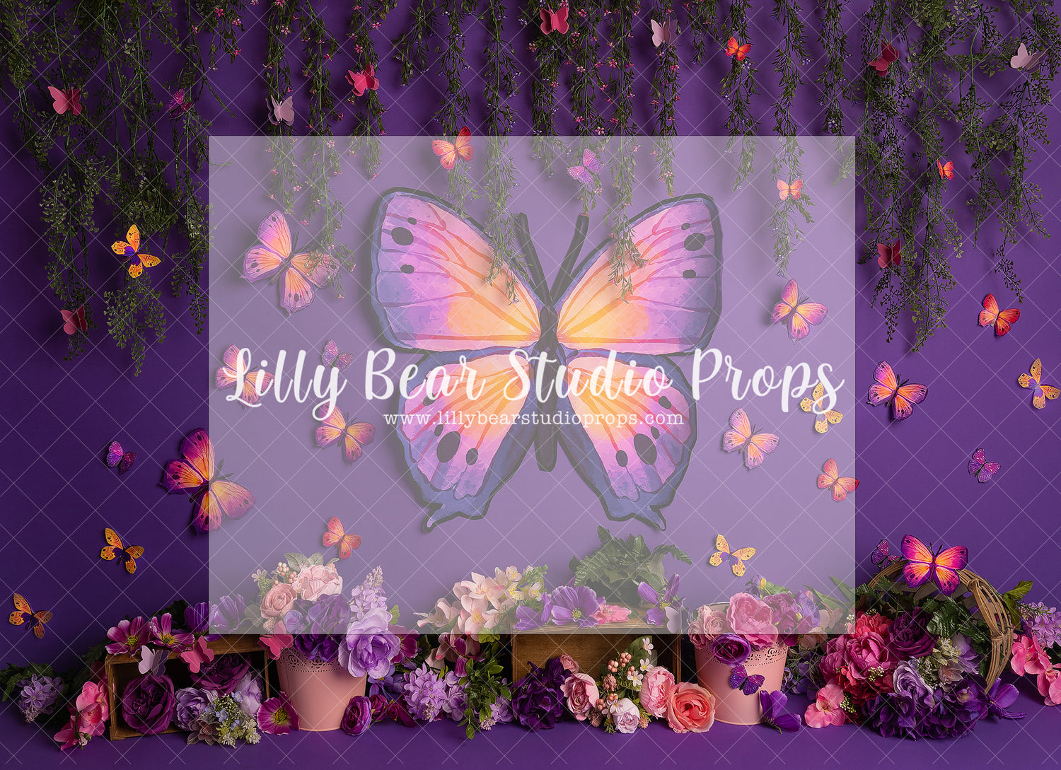 Purple Butterfly Conservatory - Lilly Bear Studio Props, bloom, blue butterflies, butterflies, butterfly, butterfly colours, butterfly flowers, butterfly garden, butterfly pink, butterflyland, floral, flower, flowers, flowers vines, green, large flowers, pink butterfly, spring, spring floral, spring flowers, springtime