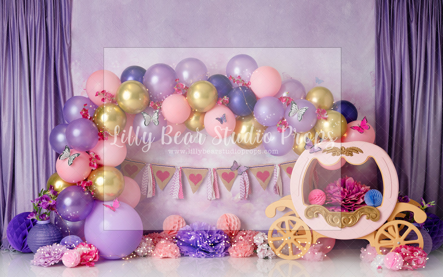 Purple Gold Carriage and Butterflies - Lilly Bear Studio Props, Disney princess, fairy princess, little princess, pretty princess, princess, princess balloon garland, princess balloons, princess cake smash, princess carriage, princess castle, princess party, princess wall, princesses