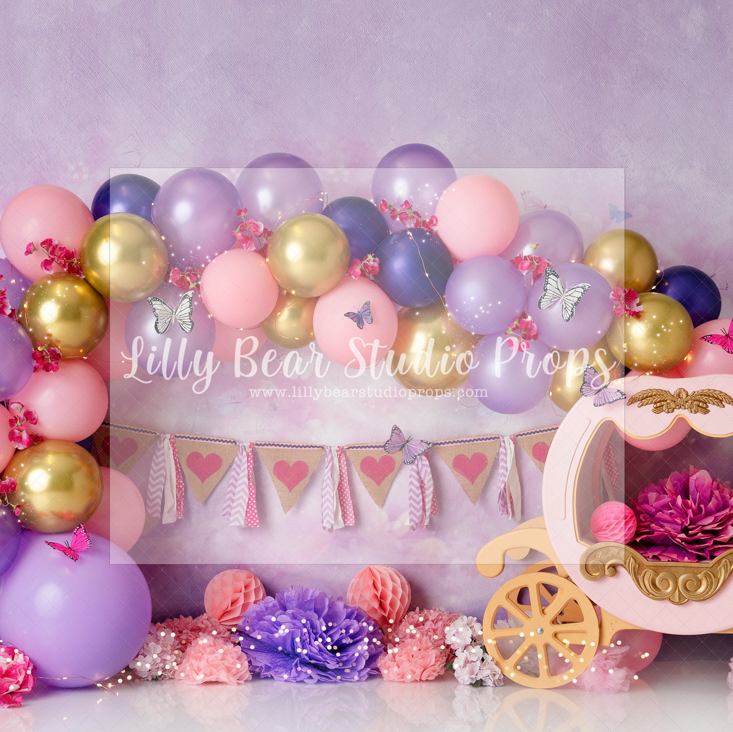 Purple Gold Carriage and Butterflies - Lilly Bear Studio Props, Disney princess, fairy princess, little princess, pretty princess, princess, princess balloon garland, princess balloons, princess cake smash, princess carriage, princess castle, princess party, princess wall, princesses
