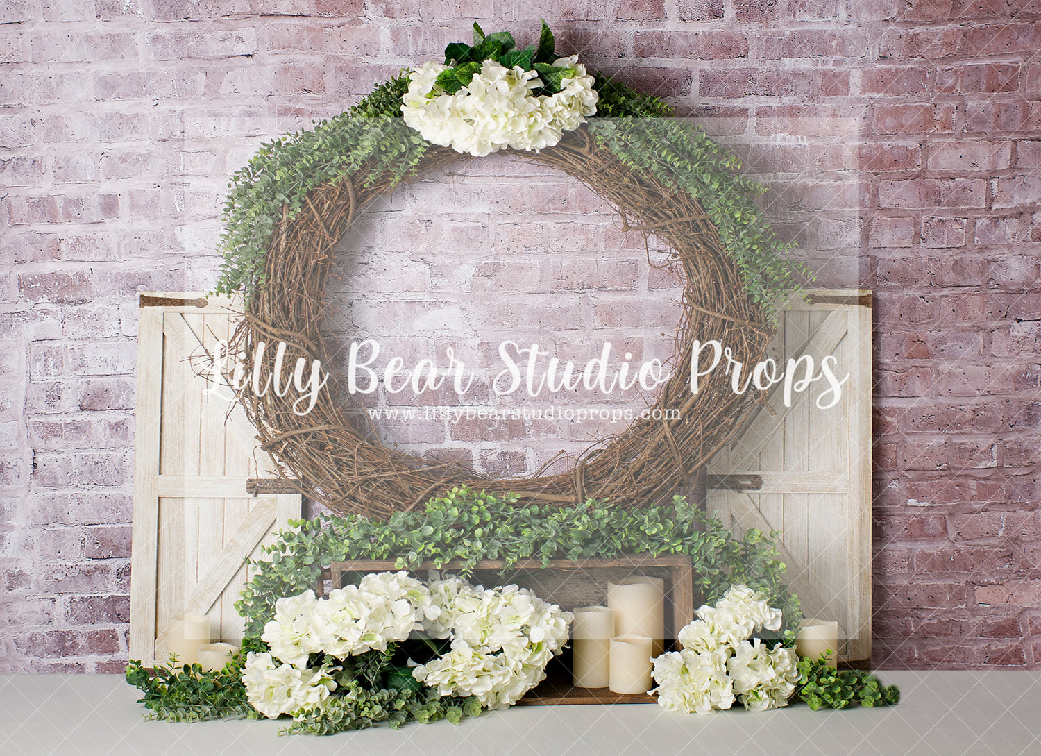 Rustic Wreath Blossom - Lilly Bear Studio Props, barn doors, FABRICS, flower barn doors, flower garden, purple flowers, spring, spring garden