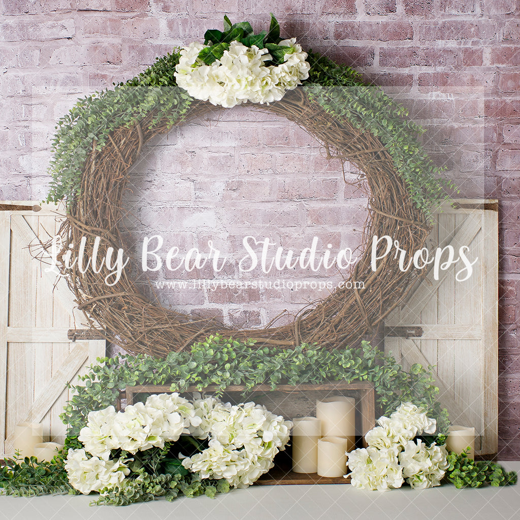 Rustic Wreath Blossom - Lilly Bear Studio Props, barn doors, FABRICS, flower barn doors, flower garden, purple flowers, spring, spring garden