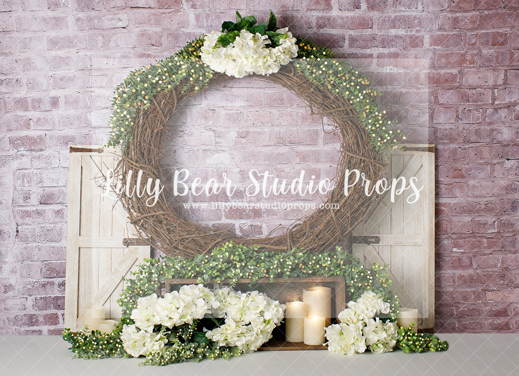 Rustic Wreath Bright Blossom - Lilly Bear Studio Props, barn doors, FABRICS, flower barn doors, flower garden, purple flowers, spring, spring garden