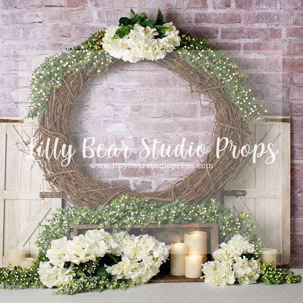 Rustic Wreath Bright Blossom - Lilly Bear Studio Props, barn doors, FABRICS, flower barn doors, flower garden, purple flowers, spring, spring garden