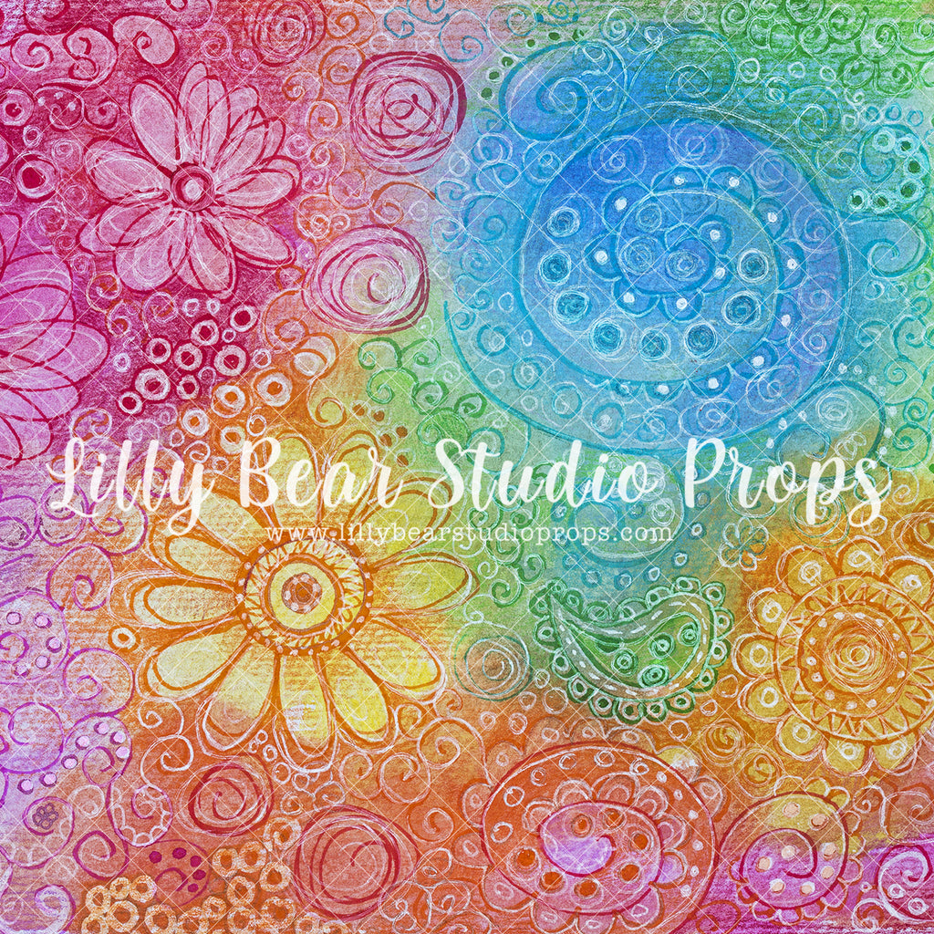 Rainbow Doodles - Lilly Bear Studio Props, abstract floral, artistic floral, blue, blue floral, colorful, colorful floral, colourful rainbow, colours of the rainbow, fabric, floral, girls, green, green and blue, hippie, painted rainbow, pink, poly, rainbow, vinyl, Wrinkle Free Fabric